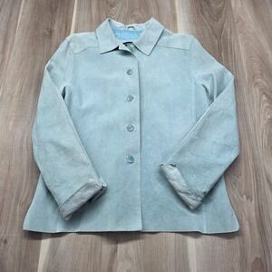Valerie Stevens Suede Leather Jacket Petite L Blue Button Front Coat Seafoam PL